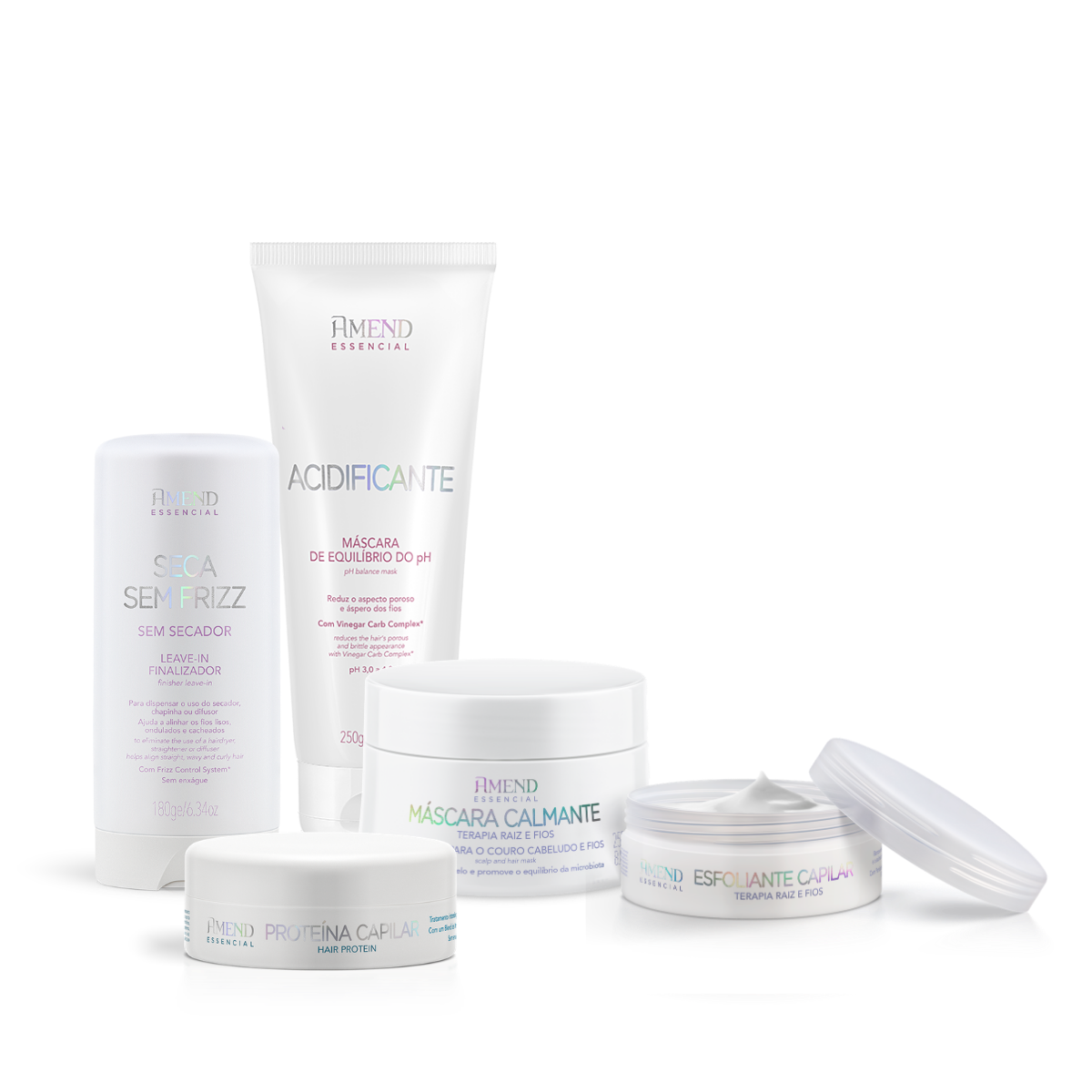 Kit Acidificante + Seca Sem Friz + Prote&iacute;na Capilar + M&aacute;scara Calmante Para Couro Cabeludo + Esfoliante Capilar | Amend Essencial